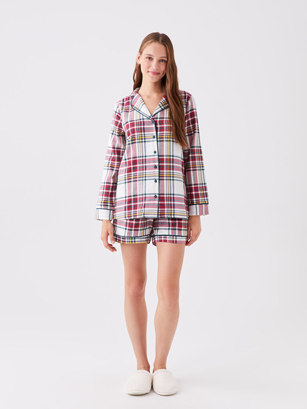 Shirt Collar Plaid Long Sleeve Women's Pajama Set with Shorts