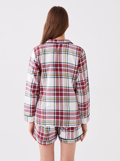 Shirt Collar Plaid Long Sleeve Women's Pajama Set with Shorts