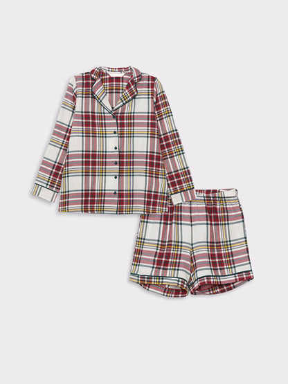 Shirt Collar Plaid Long Sleeve Women's Pajama Set with Shorts