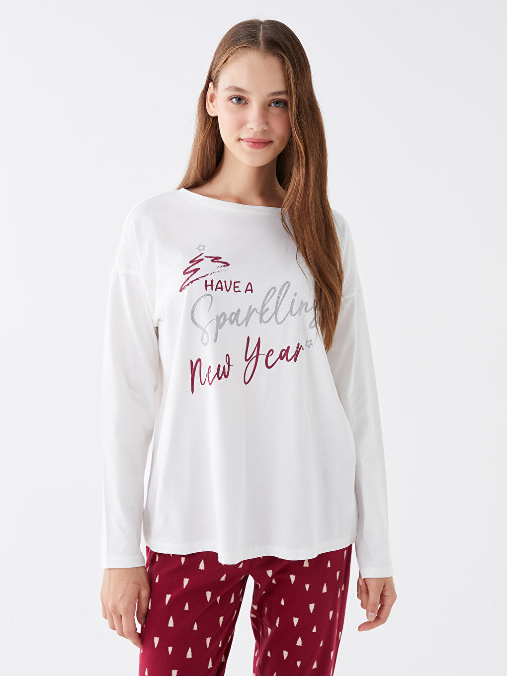 Crew Neck Printed Long Sleeve Women's Pajama Set