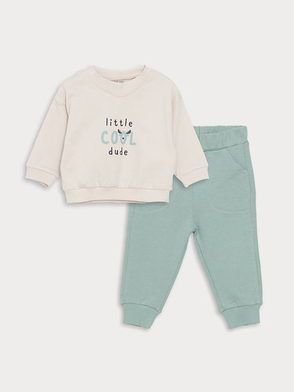 Crew Neck Long Sleeve Printed Baby Boy Sweatshirt and Trousers 2-pack