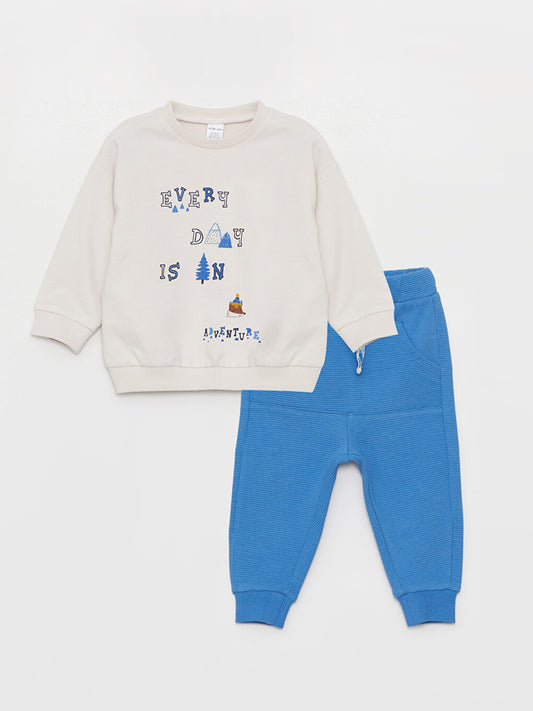 Crew Neck Printed Long Sleeve Baby Boy Sweatshirt and Sweatpants 2-Piece Set