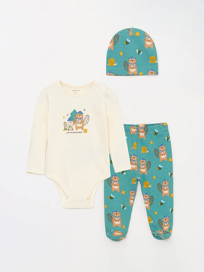 Crew Neck Printed Baby Boy Snap Fastener Body Pants and Beanie 3-Piece Set