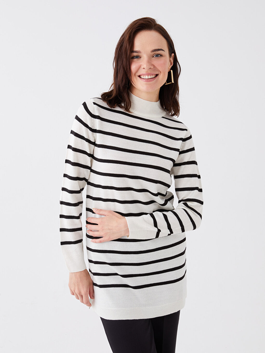 Half Turtleneck Striped Long Sleeve Women's Knitwear Tunic