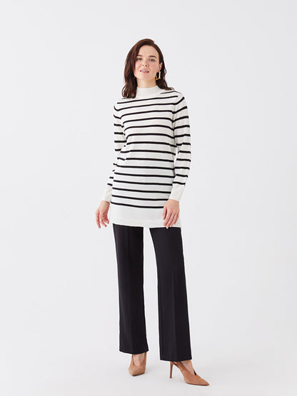 Half Turtleneck Striped Long Sleeve Women's Knitwear Tunic