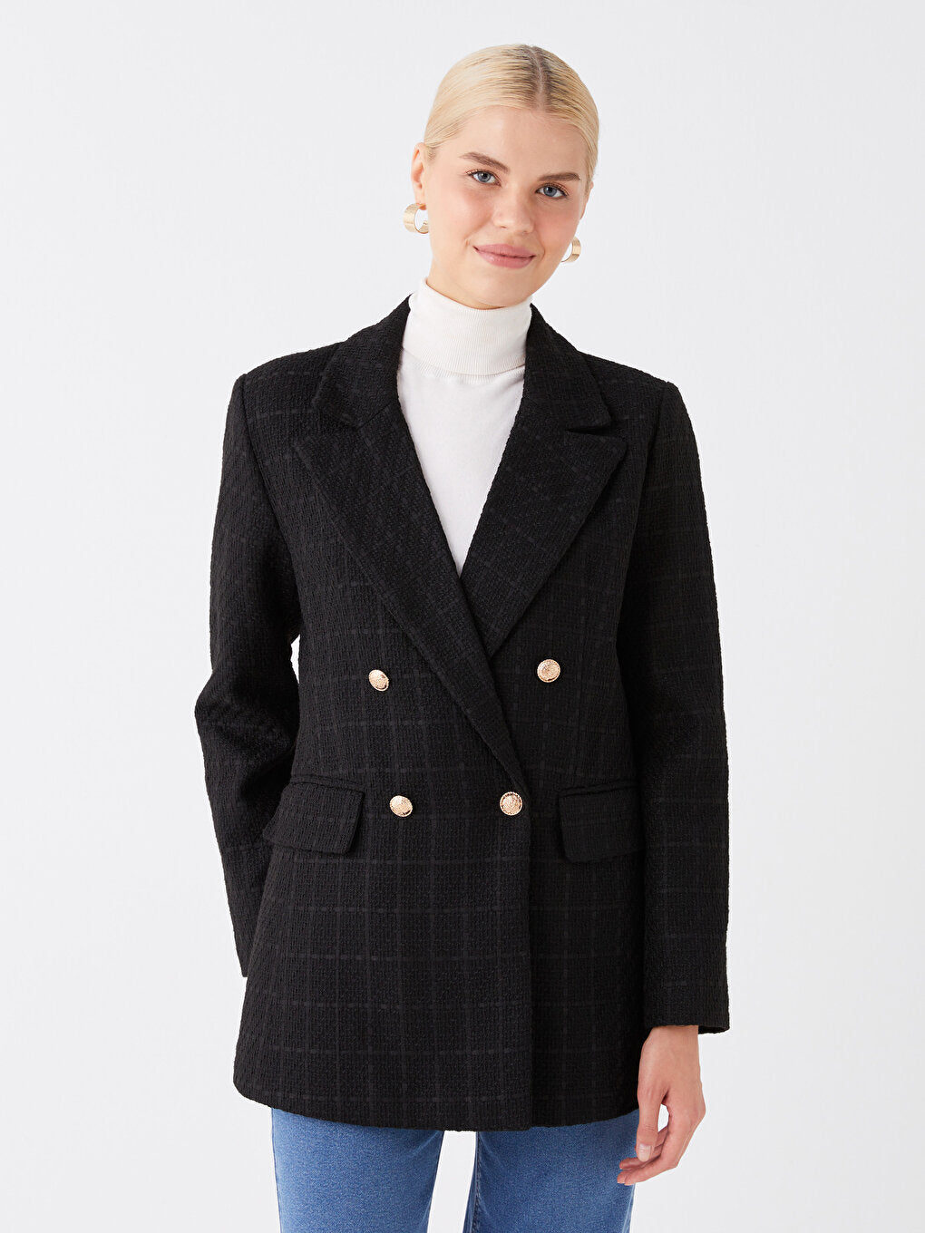 Plaid Long Sleeve Women's Tweed Blazer Jacket