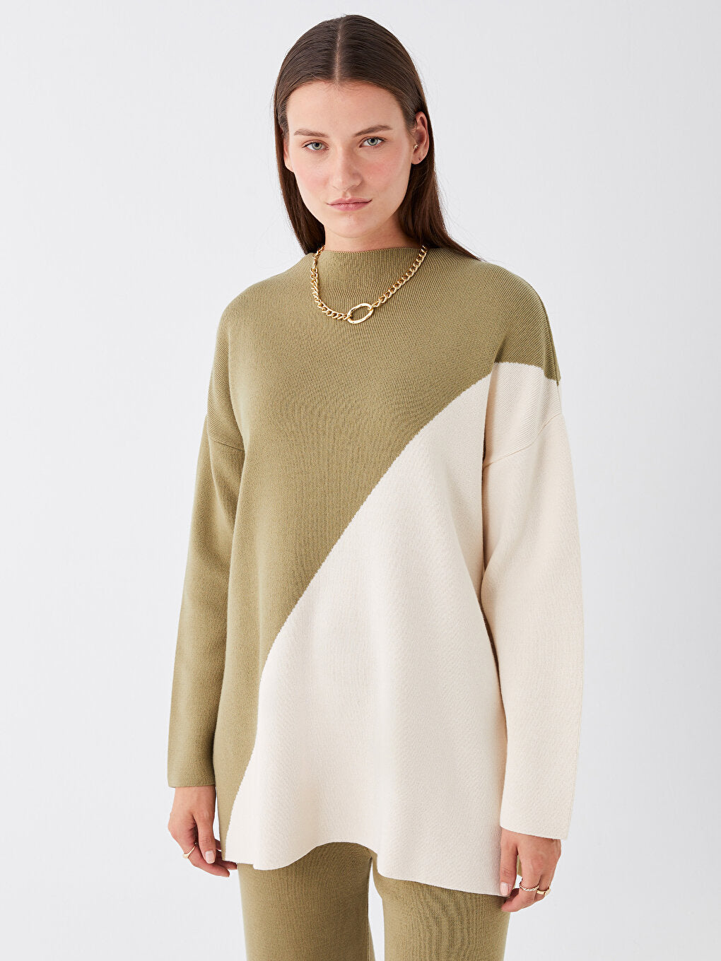 Half Turtleneck Color Blocked Long Sleeve Oversize Women's Knitwear Tunic