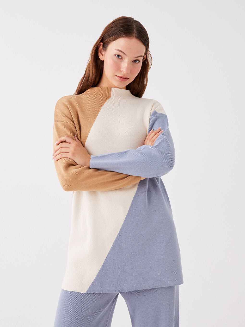 Half Turtleneck Color Blocked Long Sleeve Oversize Women's Knitwear Tunic