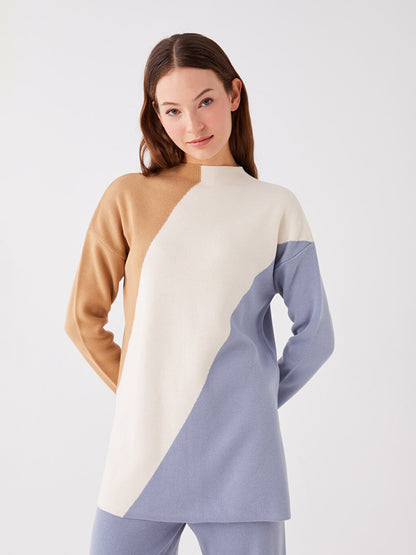 Half Turtleneck Color Blocked Long Sleeve Oversize Women's Knitwear Tunic