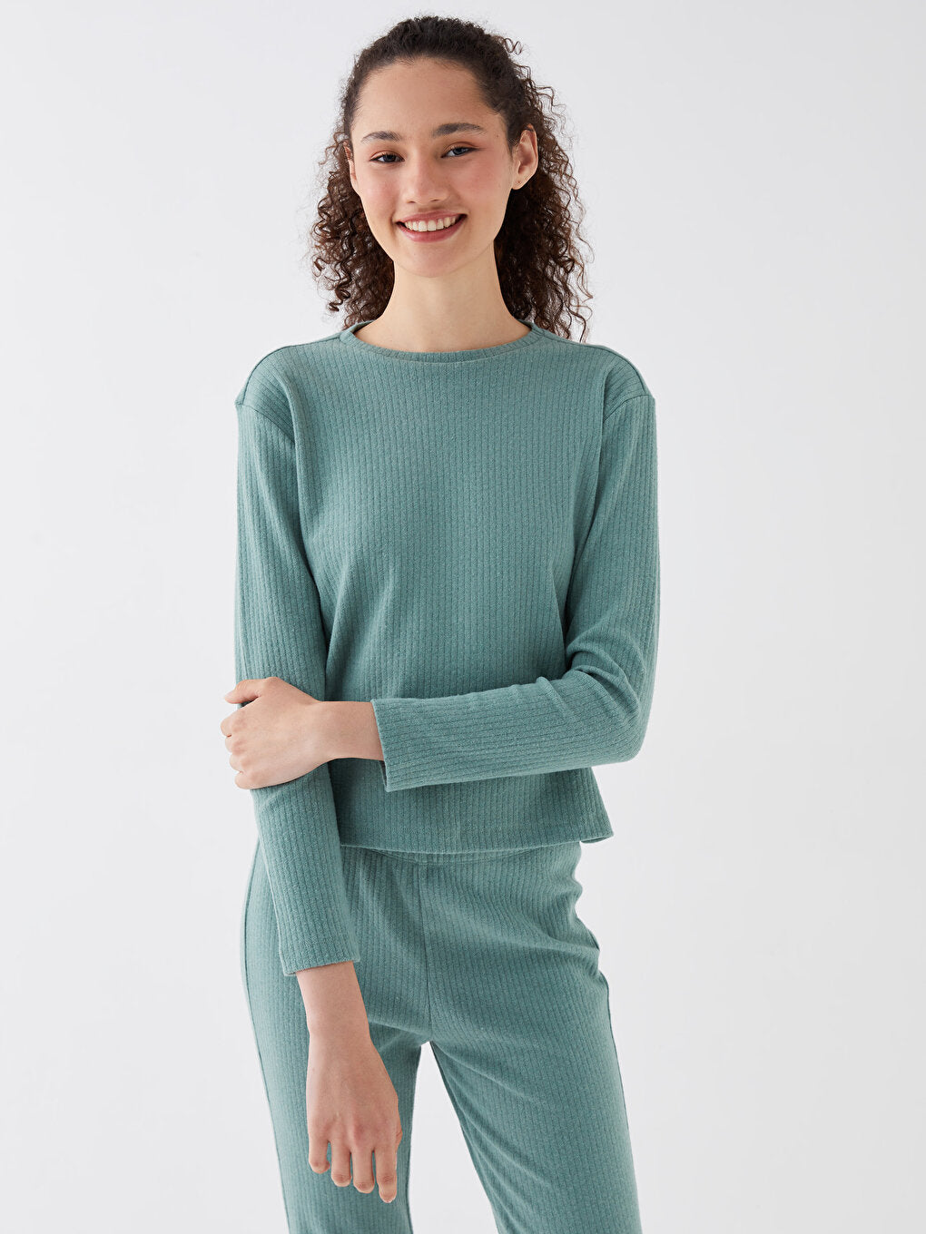 Crew Neck Plain Long Sleeve Women's Pajama Set