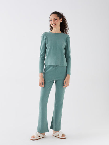 Crew Neck Plain Long Sleeve Women's Pajama Set