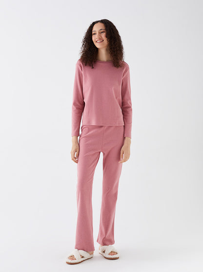 Crew Neck Plain Long Sleeve Women's Pajama Set