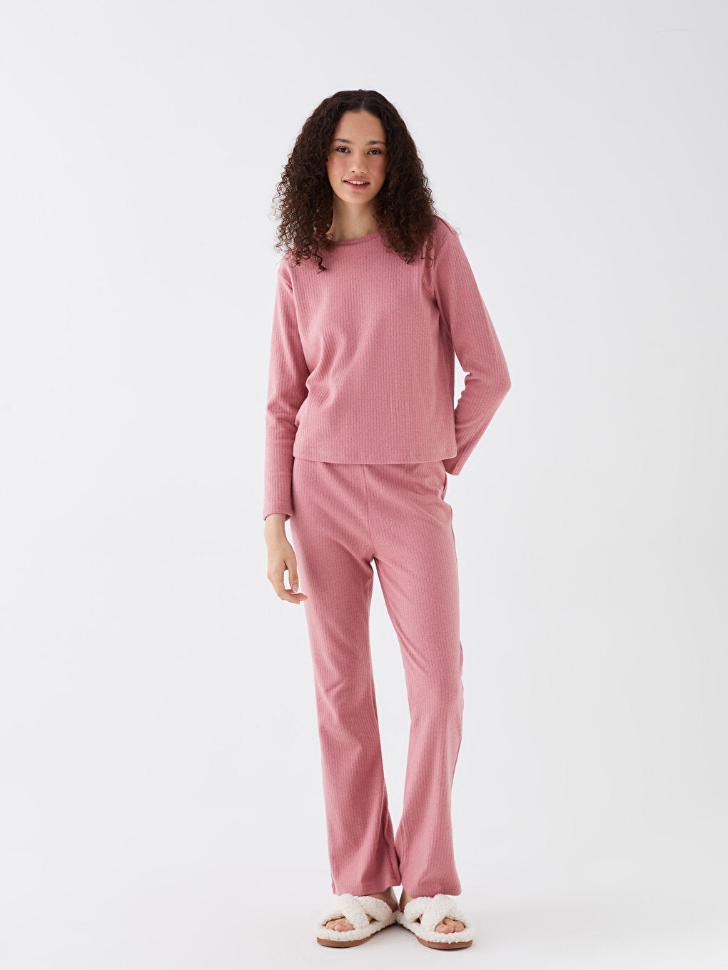 Crew Neck Plain Long Sleeve Women's Pajama Set