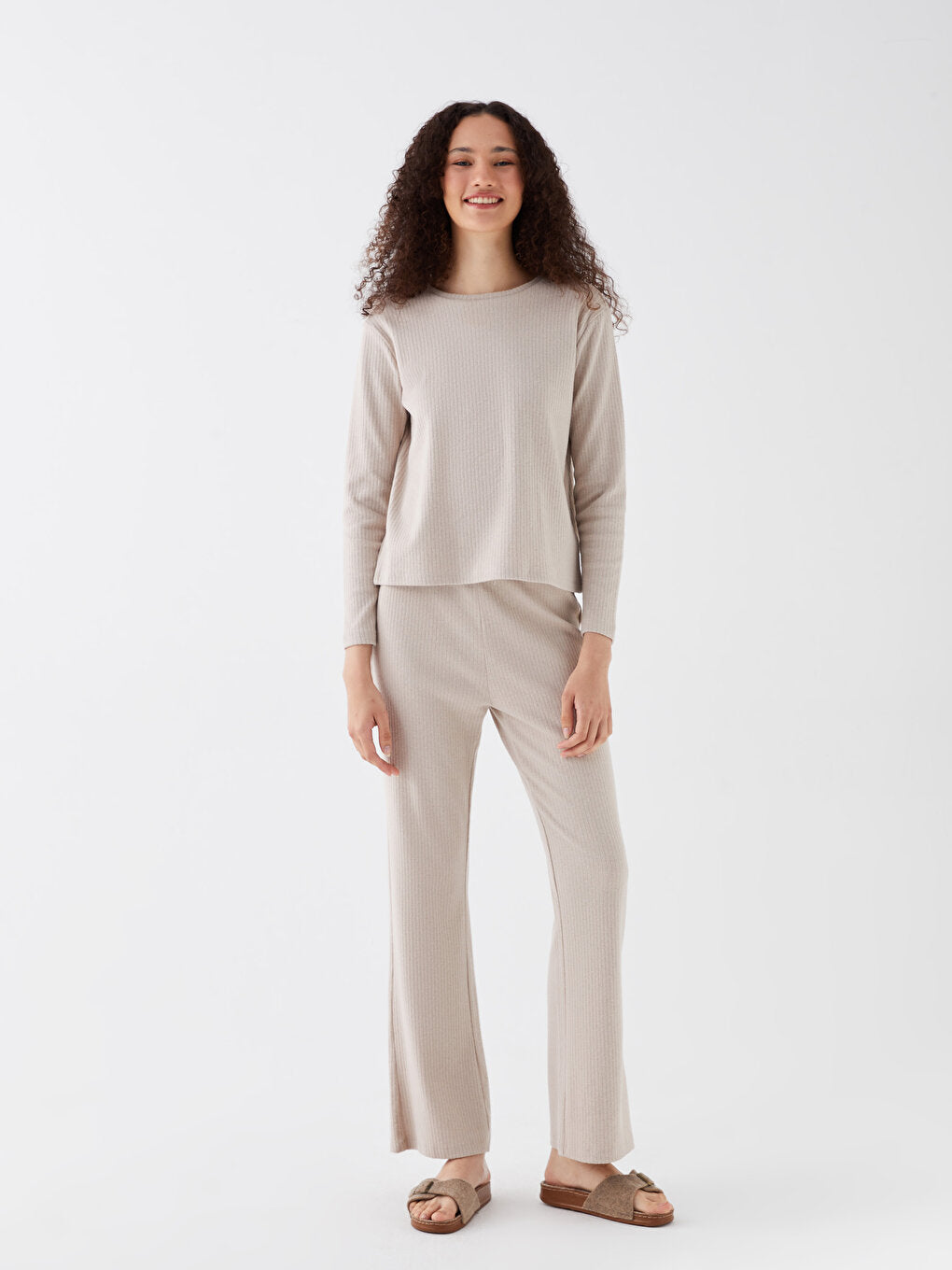 Crew Neck Plain Long Sleeve Women's Pajama Set