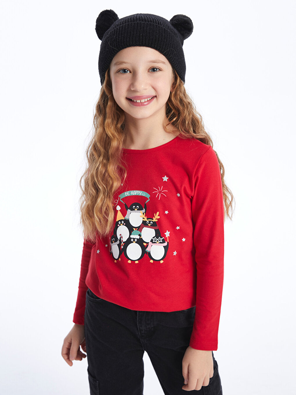 Crew Neck New Year Themed Long Sleeve Girls' T-Shirt