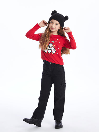 Crew Neck New Year Themed Long Sleeve Girls' T-Shirt