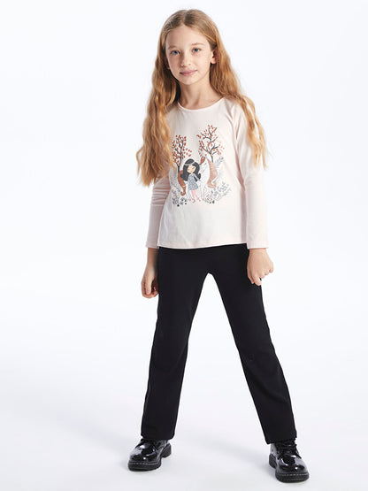 Crew Neck Printed Long Sleeve Girls' T-Shirt