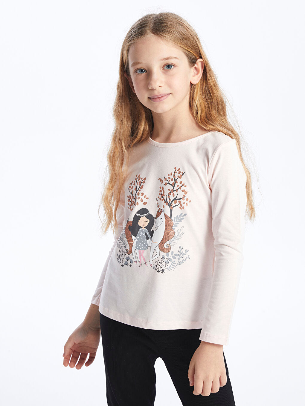 Crew Neck Printed Long Sleeve Girls' T-Shirt