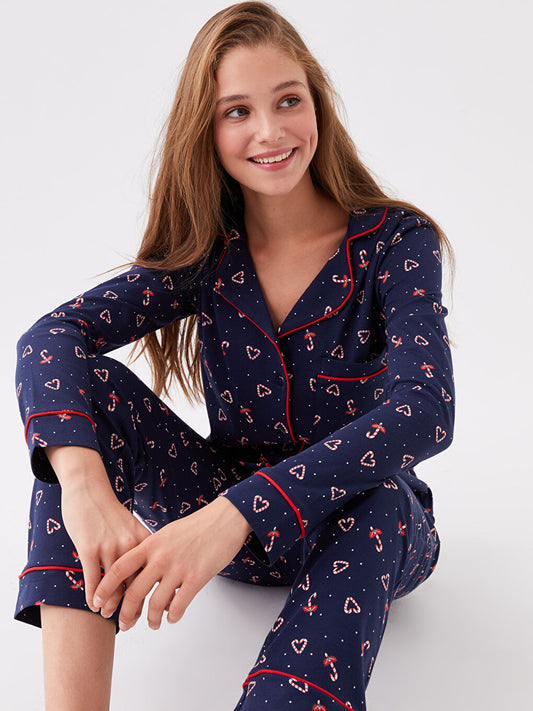 Shirt Collar New Year Themed Long Sleeve Women's Pajama Set