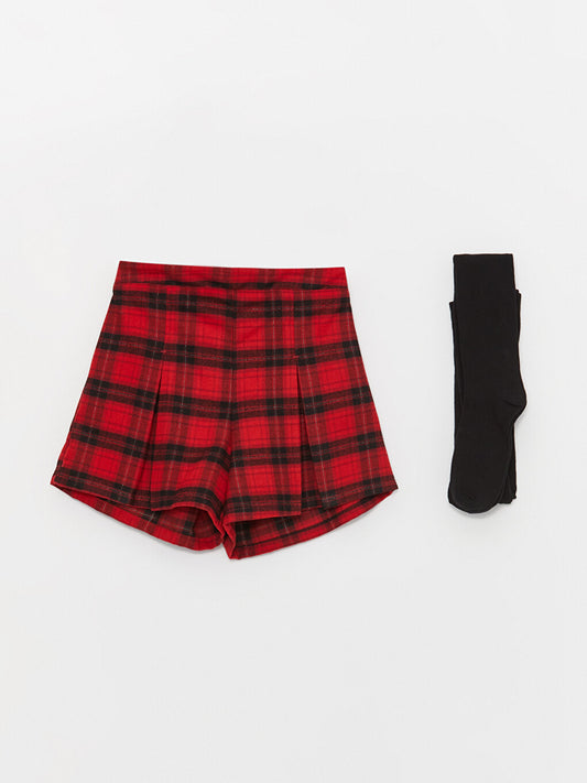 Plaid Girls' Shorts, Skirt and Pantyhose with Elastic Waist