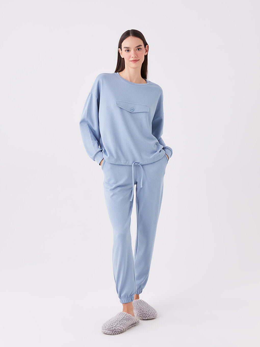 Crew Neck Plain Long Sleeve Oversize Women's Pajama Top