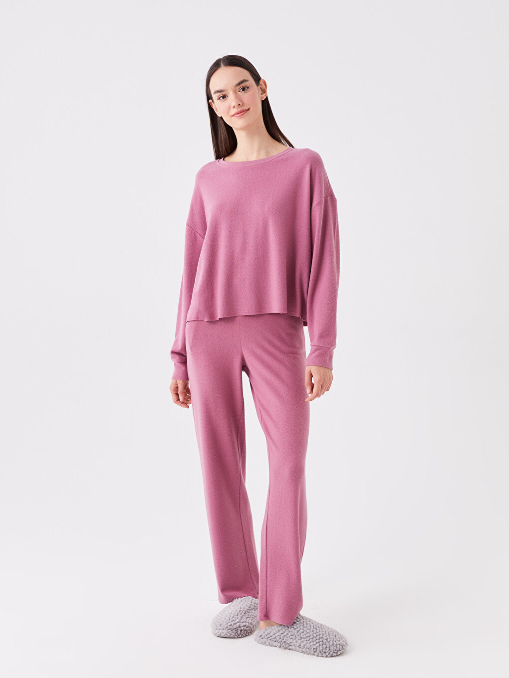 Crew Neck Plain Long Sleeve Women's Pajama Set