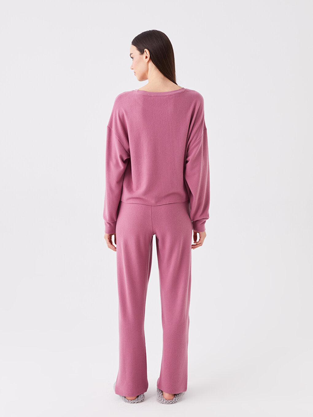 Crew Neck Plain Long Sleeve Women's Pajama Set