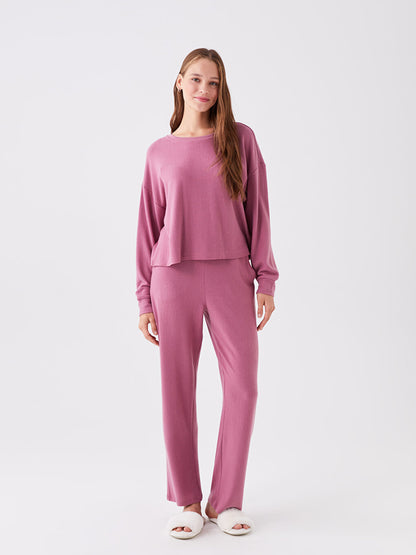 Crew Neck Plain Long Sleeve Women's Pajama Set