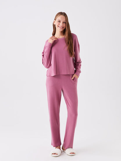 Crew Neck Plain Long Sleeve Women's Pajama Set