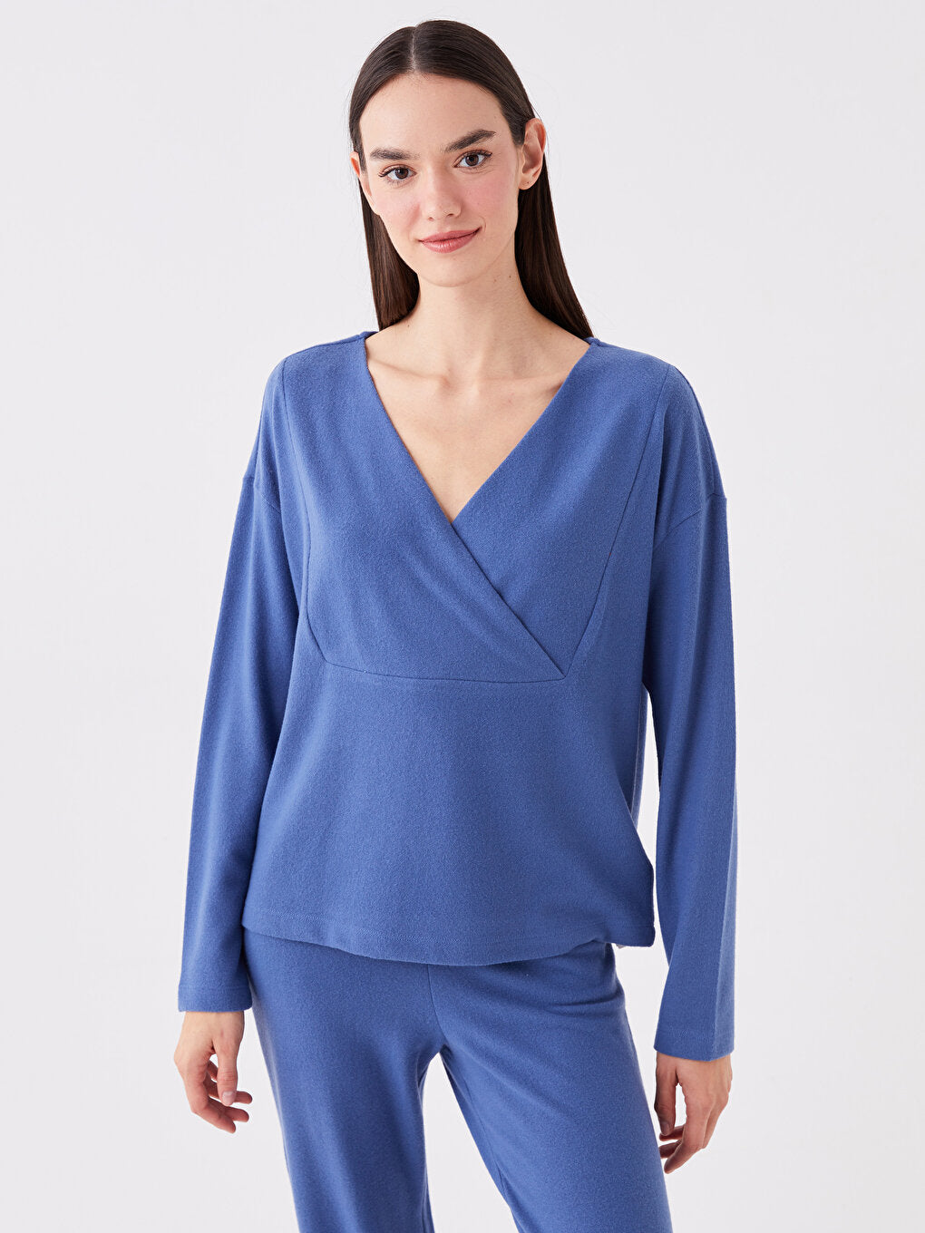 Double Breasted Neck Plain Long Sleeve Women's Pajama Set