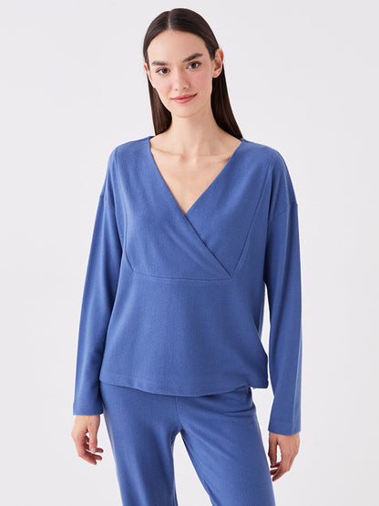 Double Breasted Neck Plain Long Sleeve Women's Pajama Set