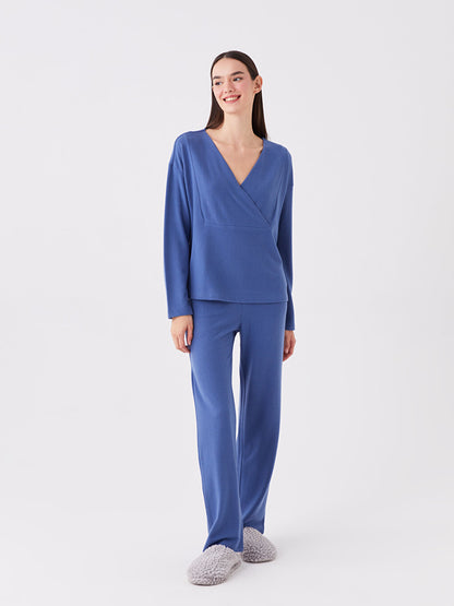 Double Breasted Neck Plain Long Sleeve Women's Pajama Set