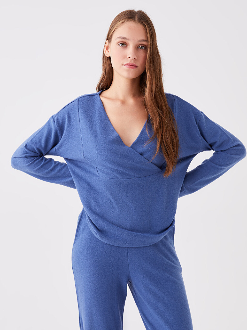 Double Breasted Neck Plain Long Sleeve Women's Pajama Set