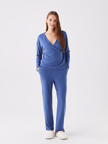 Double Breasted Neck Plain Long Sleeve Women's Pajama Set