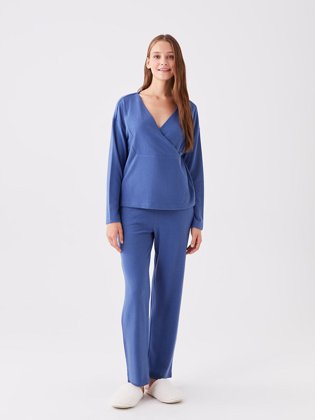 Double Breasted Neck Plain Long Sleeve Women's Pajama Set