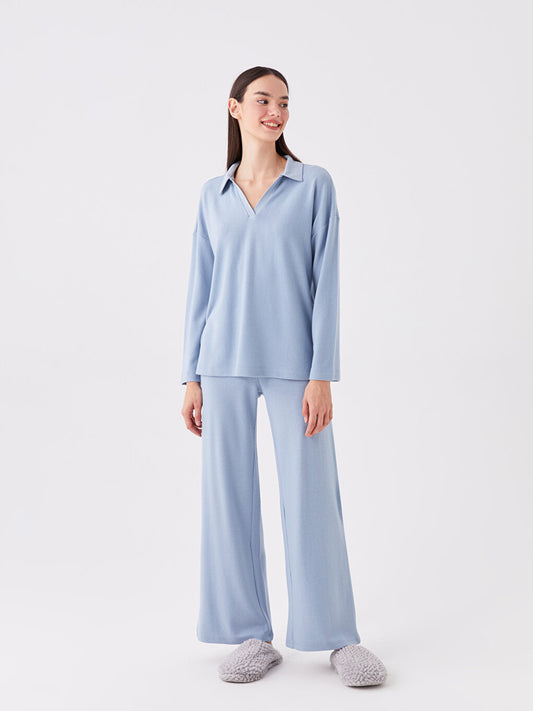 Polo Neck Plain Long Sleeve Women's Pajama Set