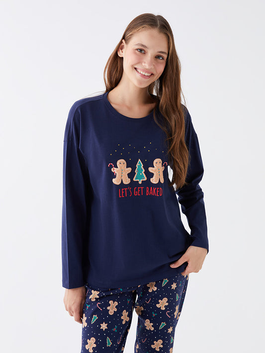 Crew Neck New Year Themed Long Sleeve Women's Pajama Set