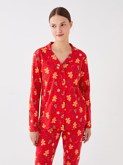 Shirt Collar New Year Themed Long Sleeve Women's Pajama Set