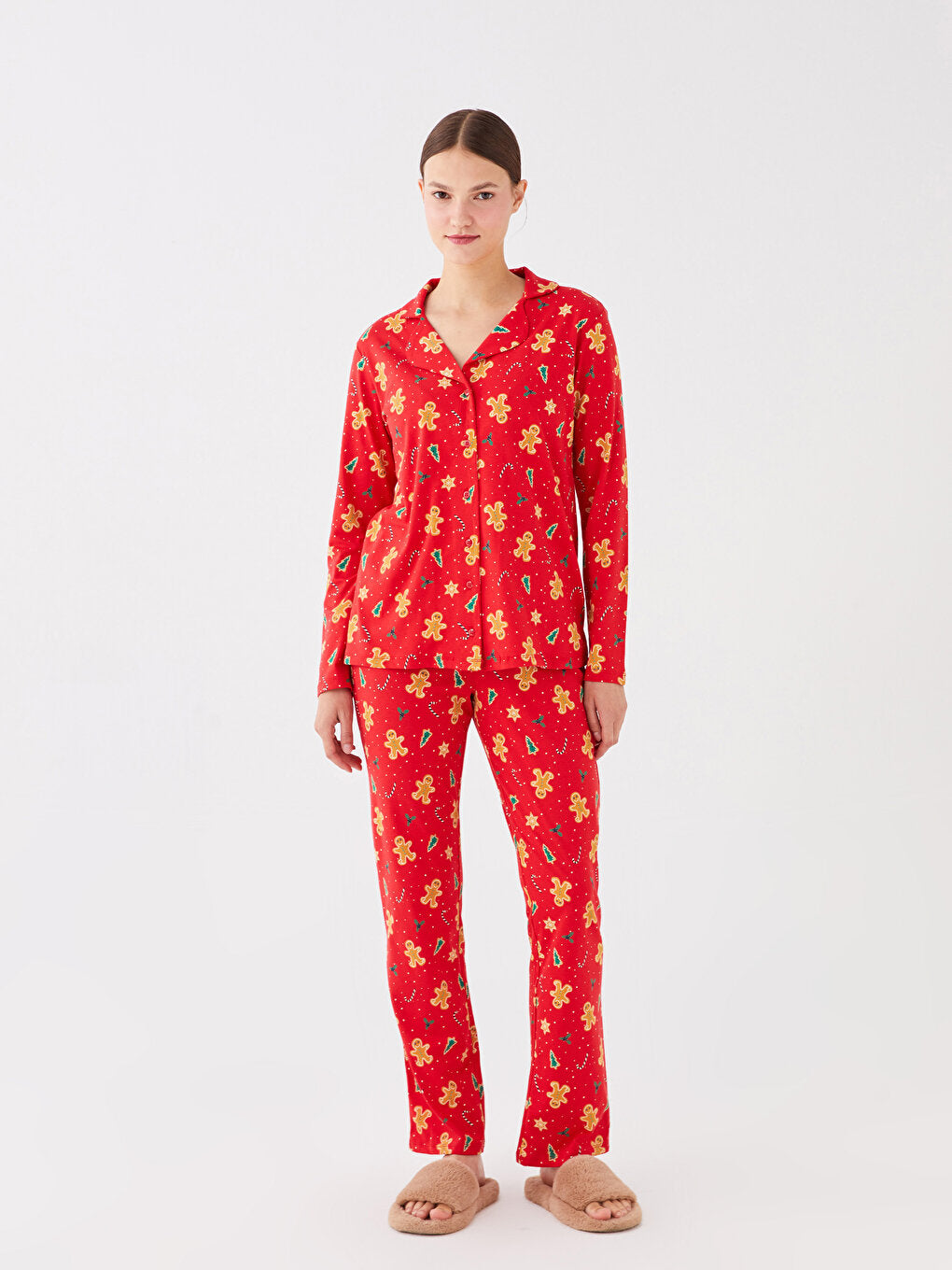 Shirt Collar New Year Themed Long Sleeve Women's Pajama Set