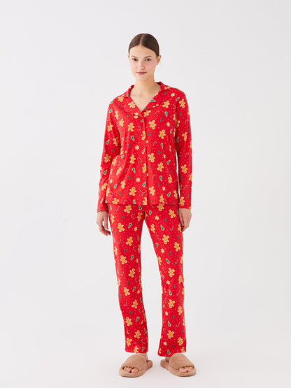 Shirt Collar New Year Themed Long Sleeve Women's Pajama Set