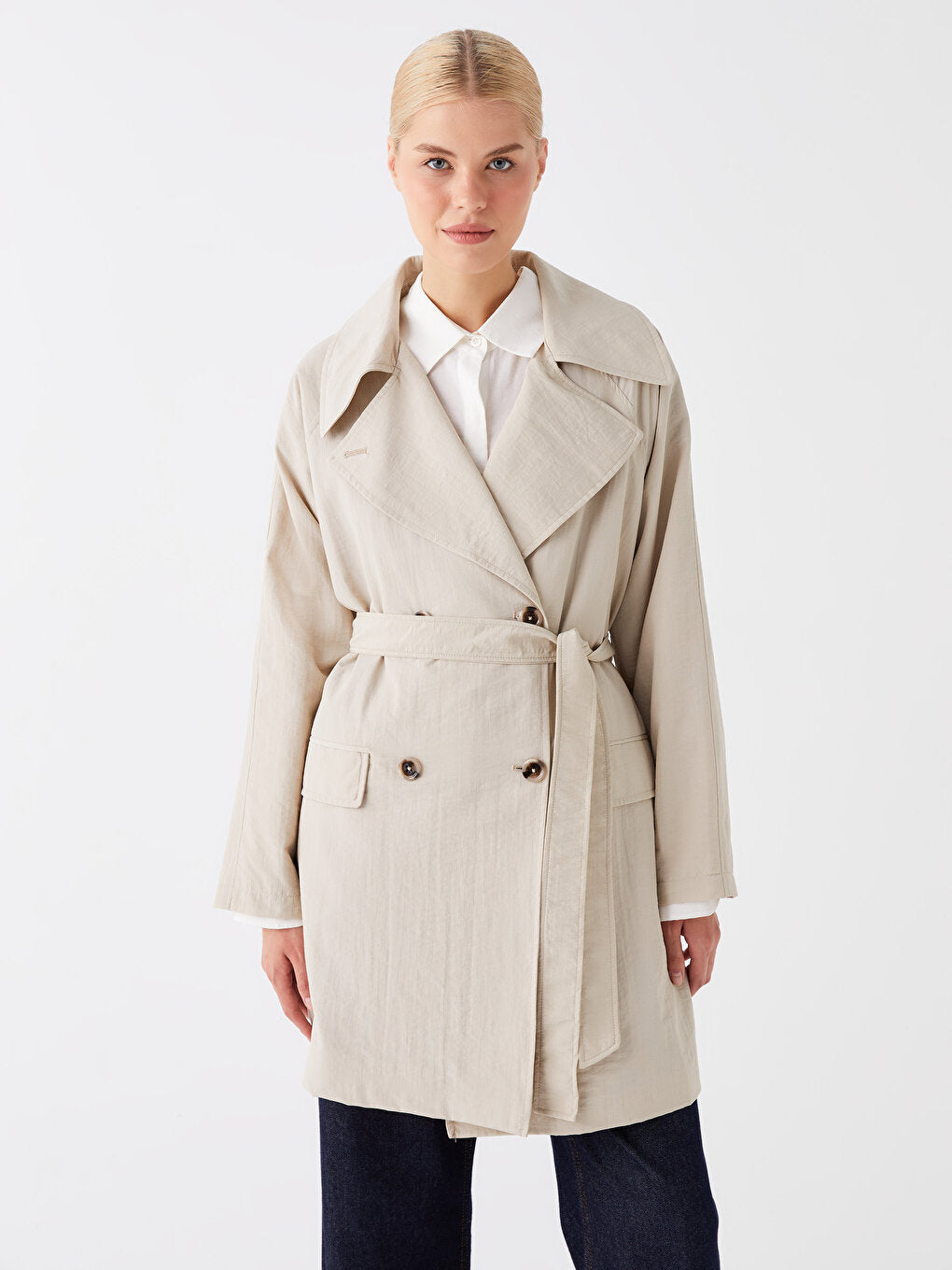 Double Breasted Collar Straight Long Sleeve Women's Trench Coat