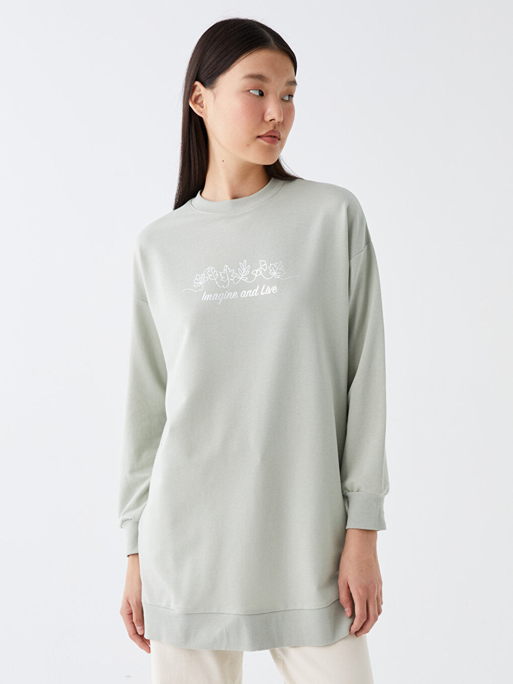 Crew Neck Printed Long Sleeve Oversize Women's Sweatshirt Tunic