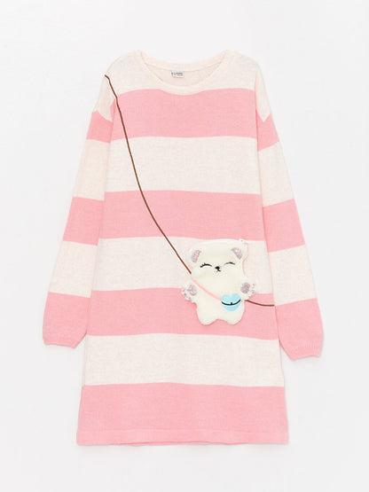 Crew Neck Striped Long Sleeve Girl's Knitwear Dress