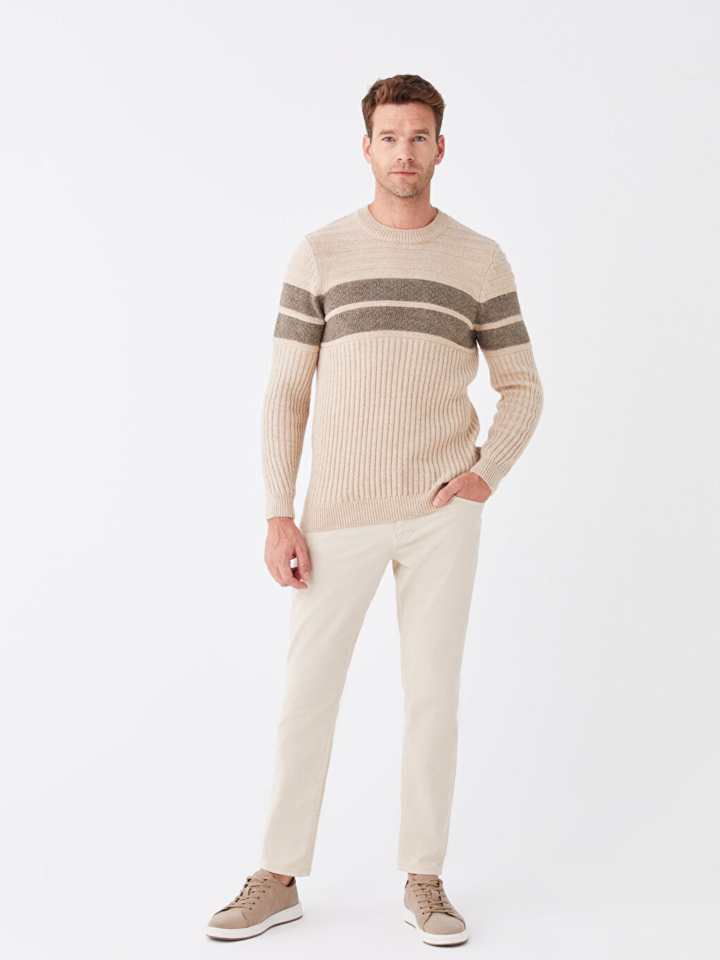 Crew Neck Striped Long Sleeve Men's Knitwear Sweater