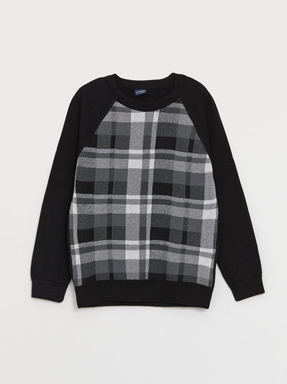 Crew Neck Plaid Long Sleeve Boy's Knitwear Sweater