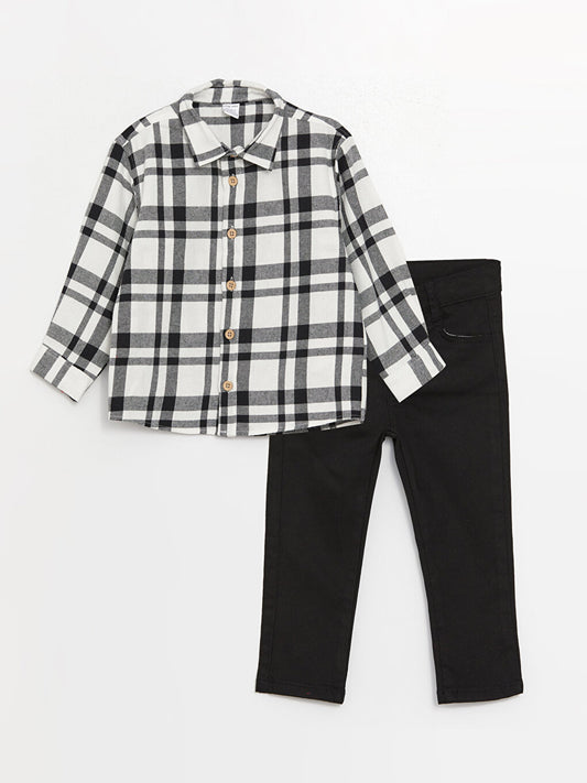 Long Sleeve Plaid Patterned Baby Boy Shirt and Trousers 2-Piece Set