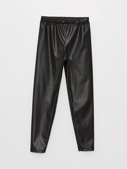 Leather Look Girls' Trousers with Elastic Waist