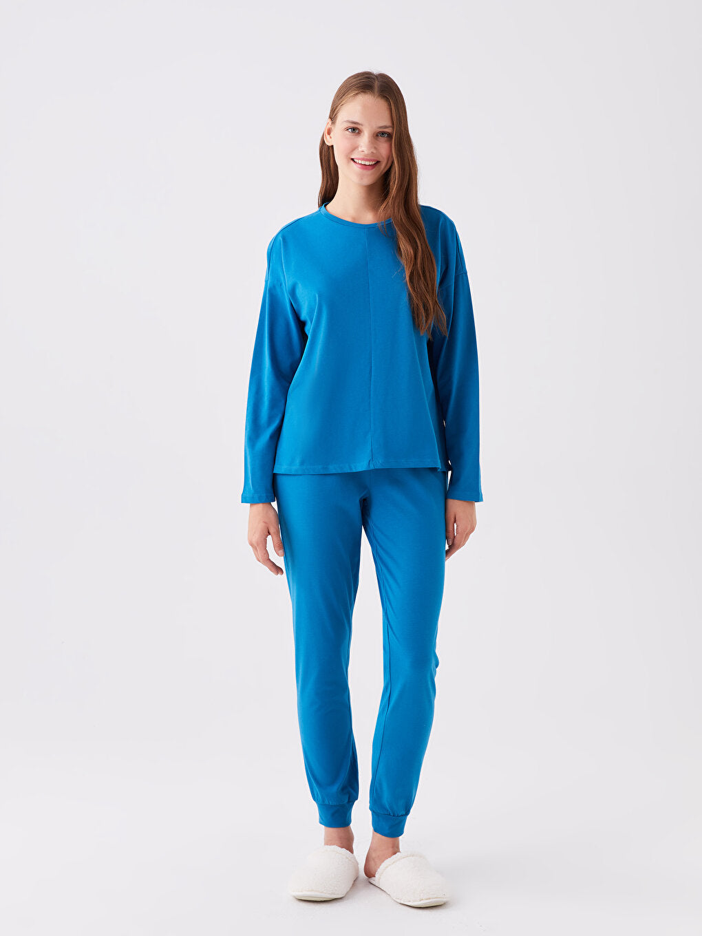 Crew Neck Plain Long Sleeve Women's Pajama Set