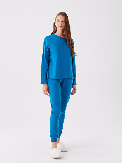 Crew Neck Plain Long Sleeve Women's Pajama Set