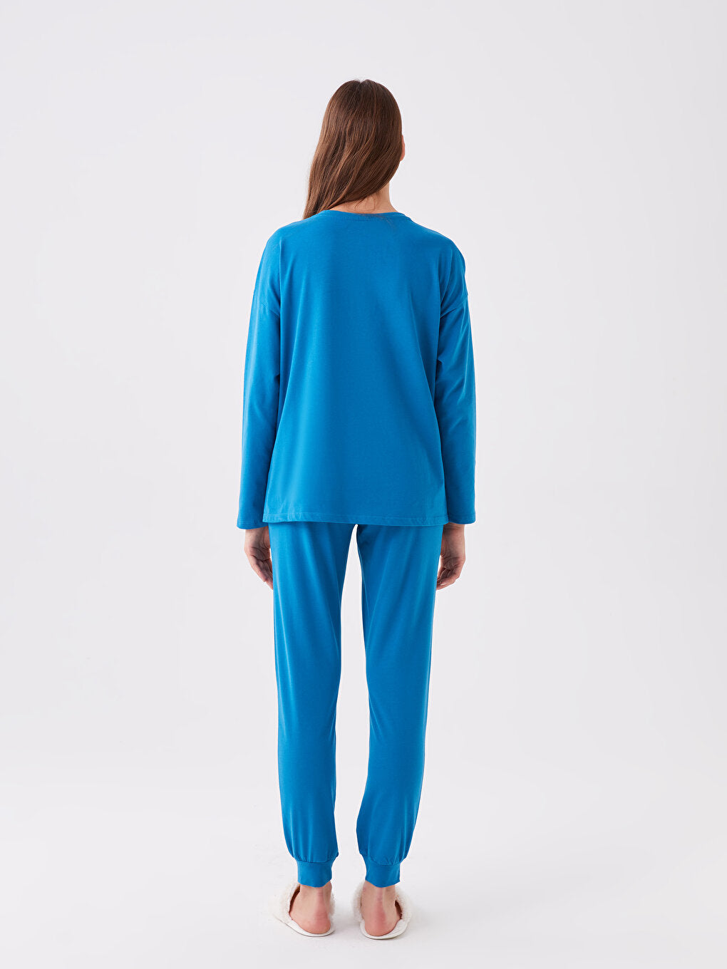 Crew Neck Plain Long Sleeve Women's Pajama Set